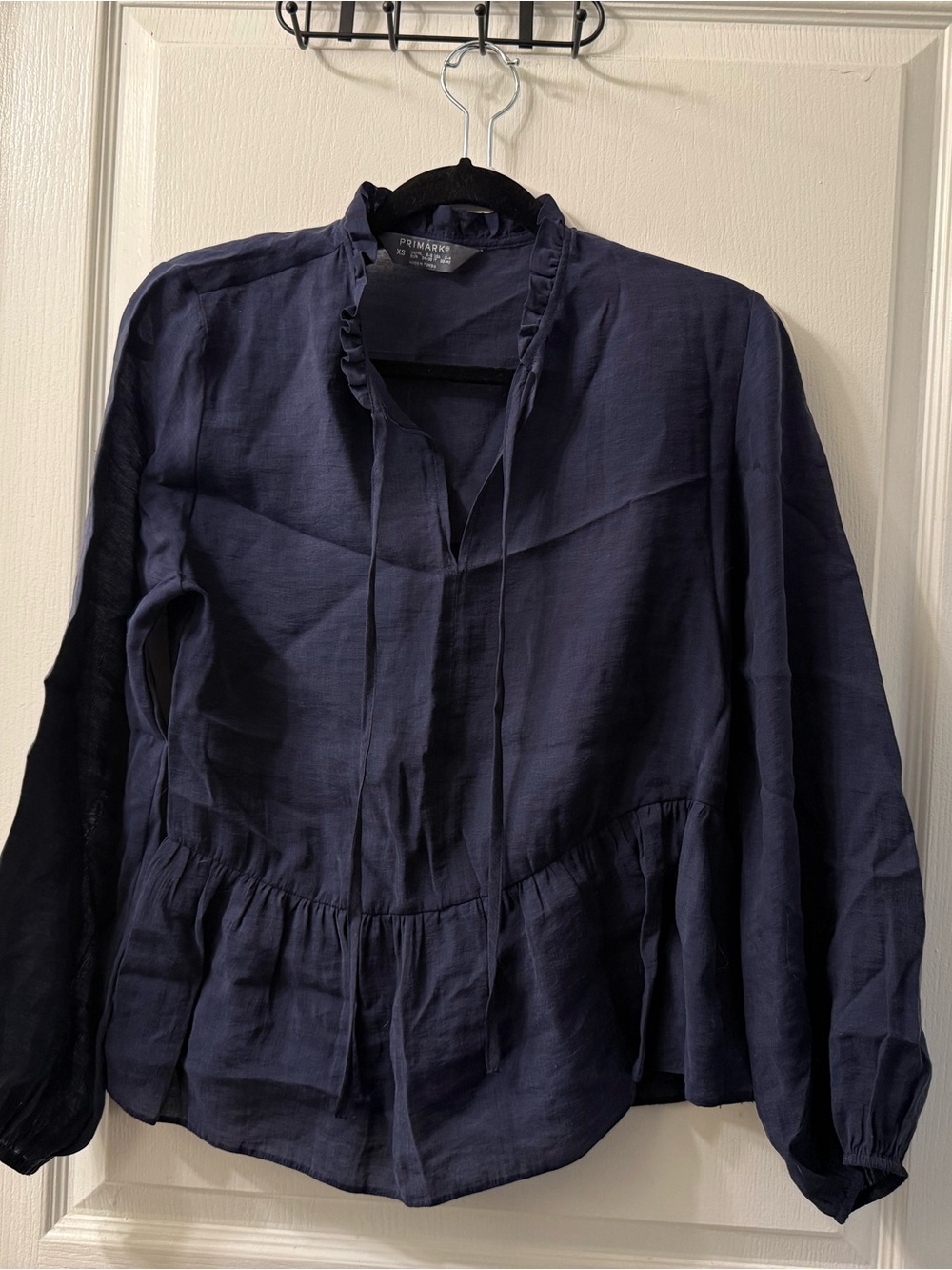 Primark Navy Peasant Blouse with Ruffle Tie Neck